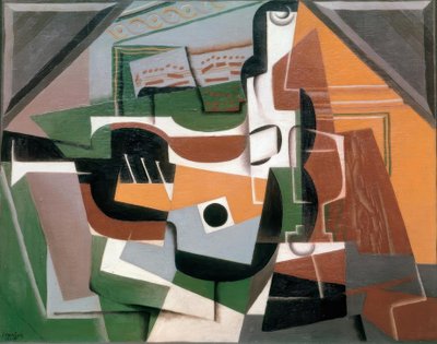 Gitaar, fles en glas door Juan Gris